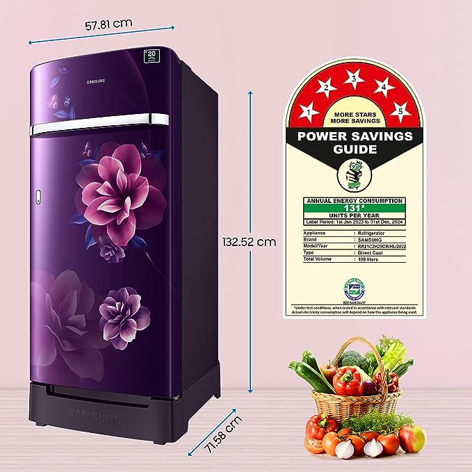 Samsung 189 L 5 Star Digital Inverter Direct Cool Single Door Refrigerator (RR21C2H25CR/HL, Camellia Purple, Base Stand with Drawer, 2023 Model)(OPEN BOX) Samsung 189 L 5 Star Digital Inverter Direct Cool Single Door Refrigerator (RR21C2H25CR/HL, Camellia Purple, Base Stand with Drawer, 2023 Model)(OPEN BOX)